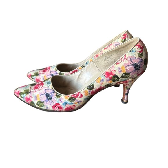 Vintage 1950s David Evins Floral Print Pumps 50s 60s Heels Size 8 AAA Narrow - Picture 5 of 16